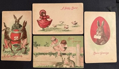 4 EASTER BUNNY/CHICK/KIDS Postcards 1910 German Series #3113, 3116, 3119, 3120