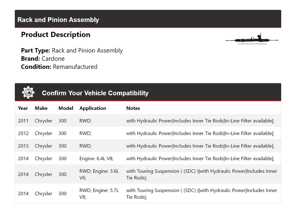 适用于 2011 - 2014 年克莱斯勒 300 机架和小齿轮总成 Cardone 2012 2013 — 第 2/4 张图片