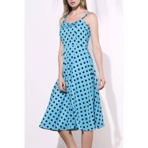 Fashion Vintage Style Polka Dot Azure Blue Midi Swing Polyester Dress M - Picture 1 of 8
