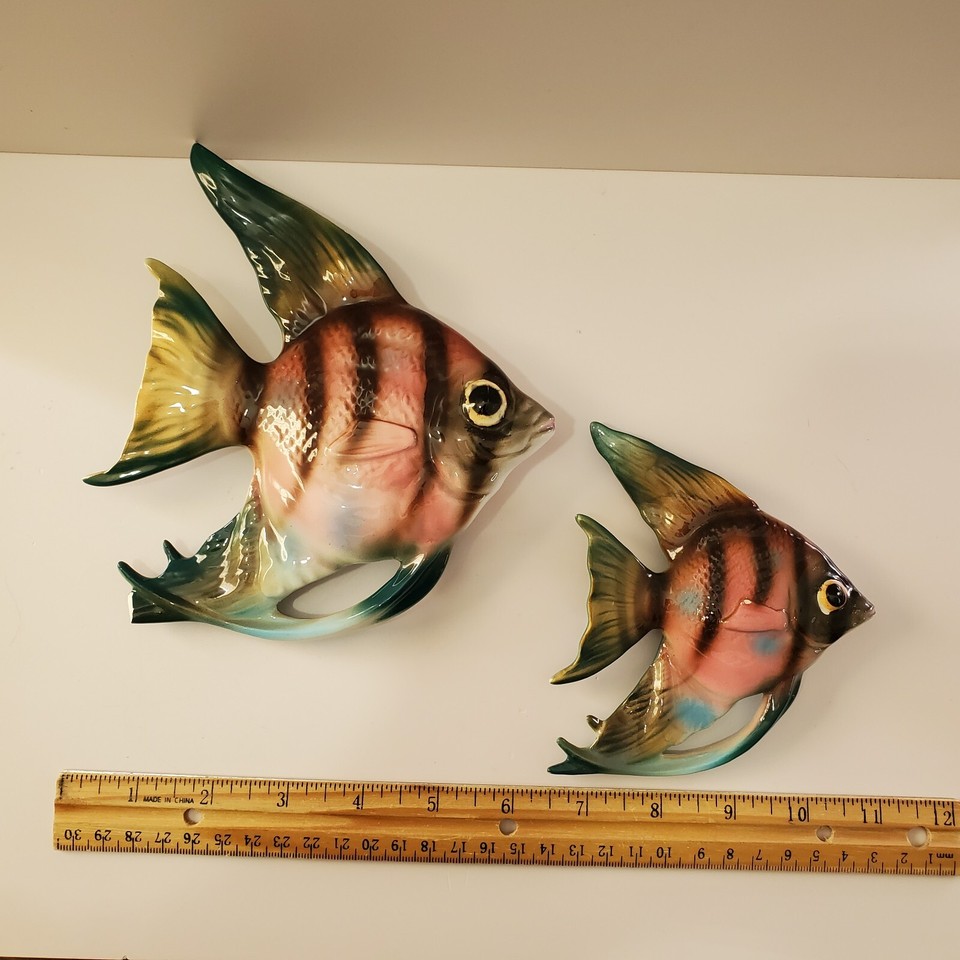 Vintage Lefton Striped Angel Fish 2 Wall Plaque Ceramic Pink Blue 6.5