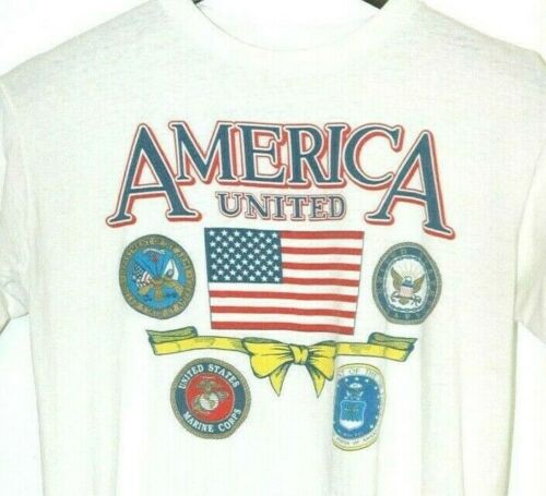 Vtg AMERICA UNITED T SHIRT Rare U.S MILITARY Army NAVY Air Force MARINES Seal