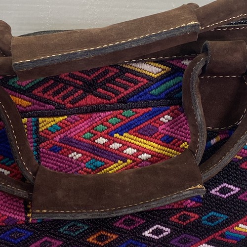 Handmade Huipil Overnight Tote Bag Suede Leather Aztec Boho Crossbody Adjustable - Picture 2 of 12