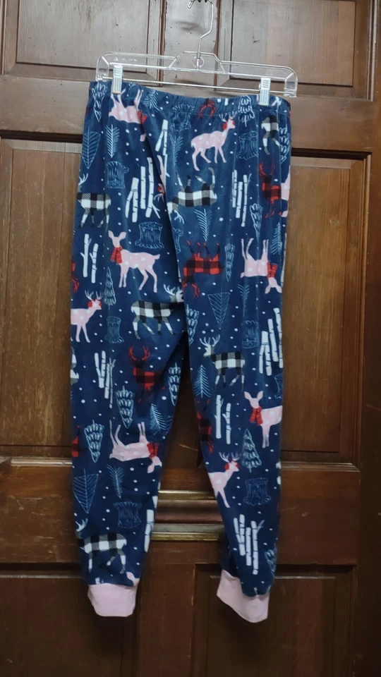 Unbranded Blue Fleece Pajama Pants Winter Reindeer Trees Girls Size L Large - Изображение 2 из 3