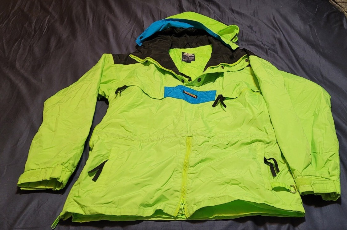 Vintage Columbia Anorak Hood Jacket Pocket Neon Green… Gem