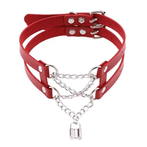Double Belt Punk Choker with Cross Chain Lock Pendant Gothic Collar - Picture 6 of 37