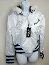 Platinum Plush Womens Jr Petite Large White W/hood Rhinestone Bomber Jacket Nwt