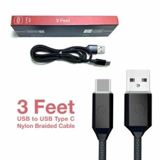 Soft Nylon Braided USB Type C to USB A Male USB Charger Cables - 3 Feet, Black
