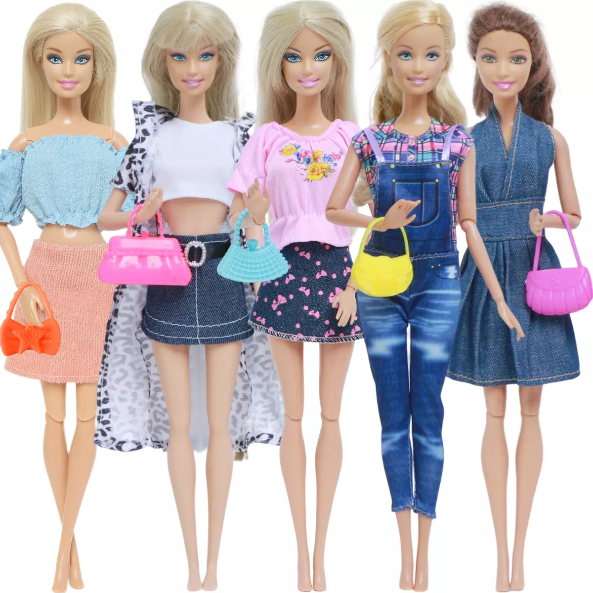 Lot of 5 Outfits + 5 Clothing Handbags for Barbie Doll Model Women