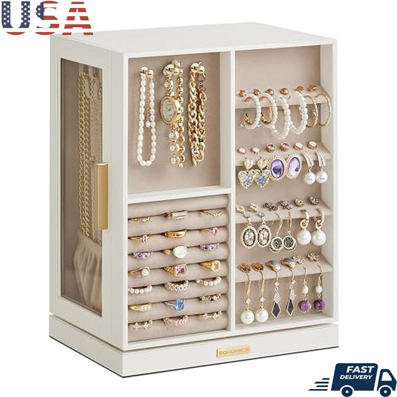 360° Rotating Jewelry Organizer with 5 Drawers & Glass Display Durable Storage Case