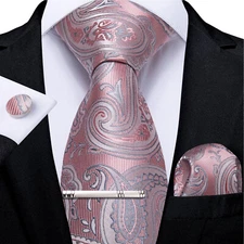 Pink Paisley Necktie Mens Tie & Hankie & Cufflinks & Tie Pin Set Gift Wedding