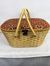 Vintage Wicker Sewing Basket w/supplies 14"x10"x6.5"Padded MCM Top b-3