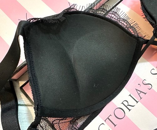 Victoria's Secret Shine Strap Bombshell Lace Push-Up Bra Thong Set Black - Picture 7 of 7