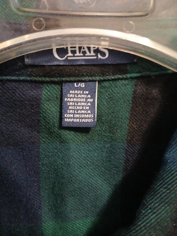 Camisa feminina de flanela Chaps, zíper 3/4, xadrez azul/verde, GRANDE, parte inferior arredondada - Imagem 3 de 4