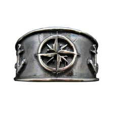 925 Silver Band Ring Compass & Anchor Handmade 14mm Width Size 52-75