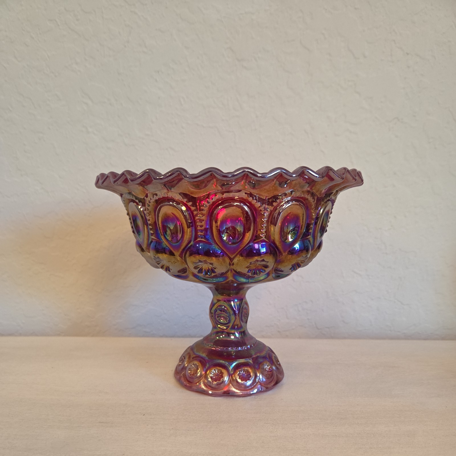 Vintage L.E. Smith Moon & Stars Ruby Red Amberina Carnival Glass Ruffled Compote