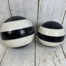 Set of 2 Polished Marble Granite Black White Striped Veined Carpet Balls Spheres
