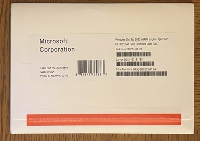 Microsoft Windows Server 2022 Standard 64Bit 48 Core DVD Sealed