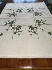 Vintage Mid Century Green Flowering Dogwood Tree Linen Tablecloth 55 1/2” By 50”