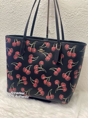 NWT Coach City Tote Bag With Cherry Print In Leather CCZ18 Black
