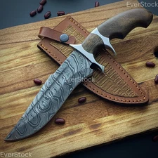CUSTOM HANDMADE DAMASCUS STEEL HUNTING 12IN BOWIE KNIFE &LEATHER SHEATH.