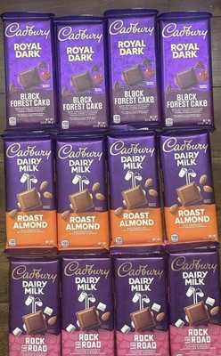12-Cadbury Chocolate Bar Assortment Black Forest Cake Roast Almond Rock Road