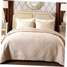 Bedspread Set, 3 Pieces Cotton Quilt Set Size Paisley Pattern, All Queen Beige