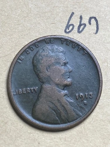 1913-S LINCOLN WHEAT CENT, low mintage date, "FINE" condition #667