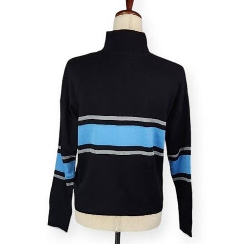 Suéter BP Cuello Simulado 1/4 Cremallera Negro Azul Rayas Desegulares Para Mujer Talla Mediana Nuevo - Imagen 4 de 12