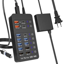 Powered USB Hub 14 Ports USB Splitter with Individual Power On/Off Switches 6...
