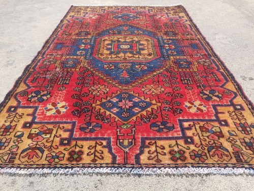 Vintage Distressed Hand Made Traditional Oriental Wool Blue Rug 5.3x3.3ft