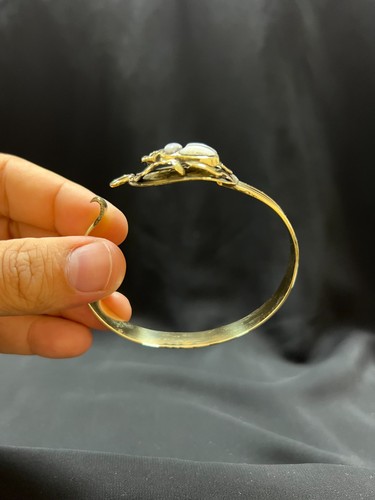 White Scarab Bracelet – Gold Egyptian Bangle with Pearl-Tone Beetle - Picture 3 of 10