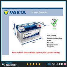 EFB Car Battery N80 Varta 115 EFB 800A 80Ah 4Yr Warranty 315x175x190 Start Stop