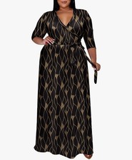 Runwind Plus Size Maxi Dress Flowy 3/4 Sleeve, Pullover, Belted XL Pockets