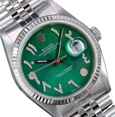 Rolex Datejust Mens Watch Green Diamond Arabic Dial 0.50ct 18KW Fluted Jubilee