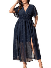 Women’s Blue Flutter Sleeve V-Neck Maxi Dress Gold Star Print 3XL Wedding Formal