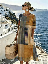 Damen-Sommerkleid mit Karo- und Streifen-Patc...