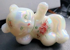 Vtg Fenton Glass Bear Reclining Iridescent Opal Winter Rose Artist Fredrick