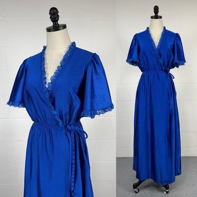 Vintage Shiny Royal Blue Satin Nylon Peignoir Dressing Gown Lace Trim Pockets S