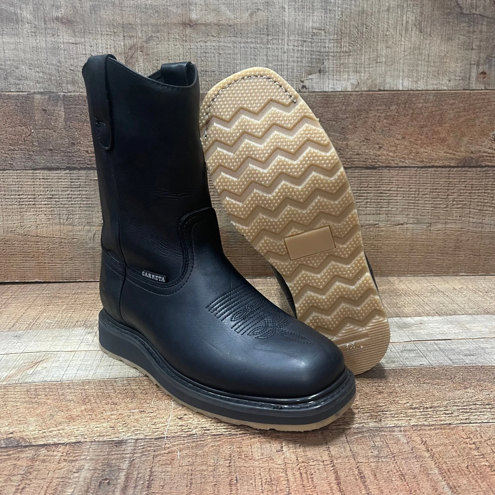 Men's Mexican Work Boots Pull On Genuine Black Leather Double Density Sole E.906