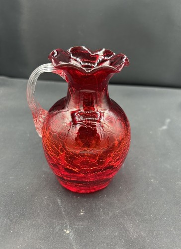 Vintage MCM Red Crackle Crimped Hand Blown Art Glass Creamer Pitcher 4"