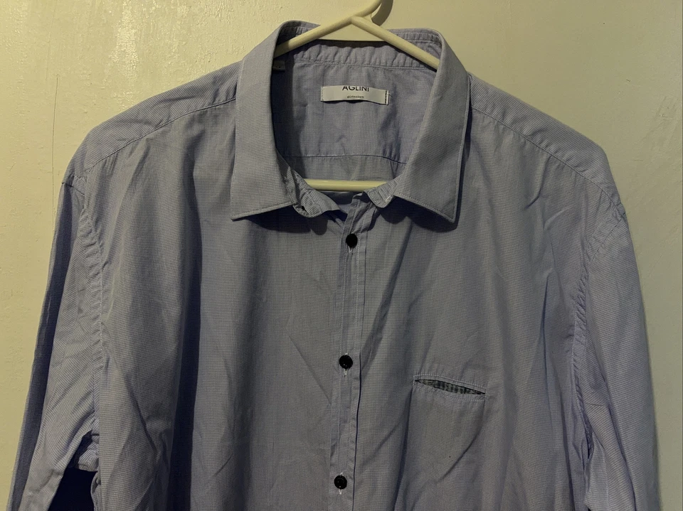 Camisa de Vestir Aglini Para Hombres 44 EE. UU. 17 37 Calce Ajustado Azul Cuadros Cuello Estrecho Hecha en Italia Foto 3 de 4
