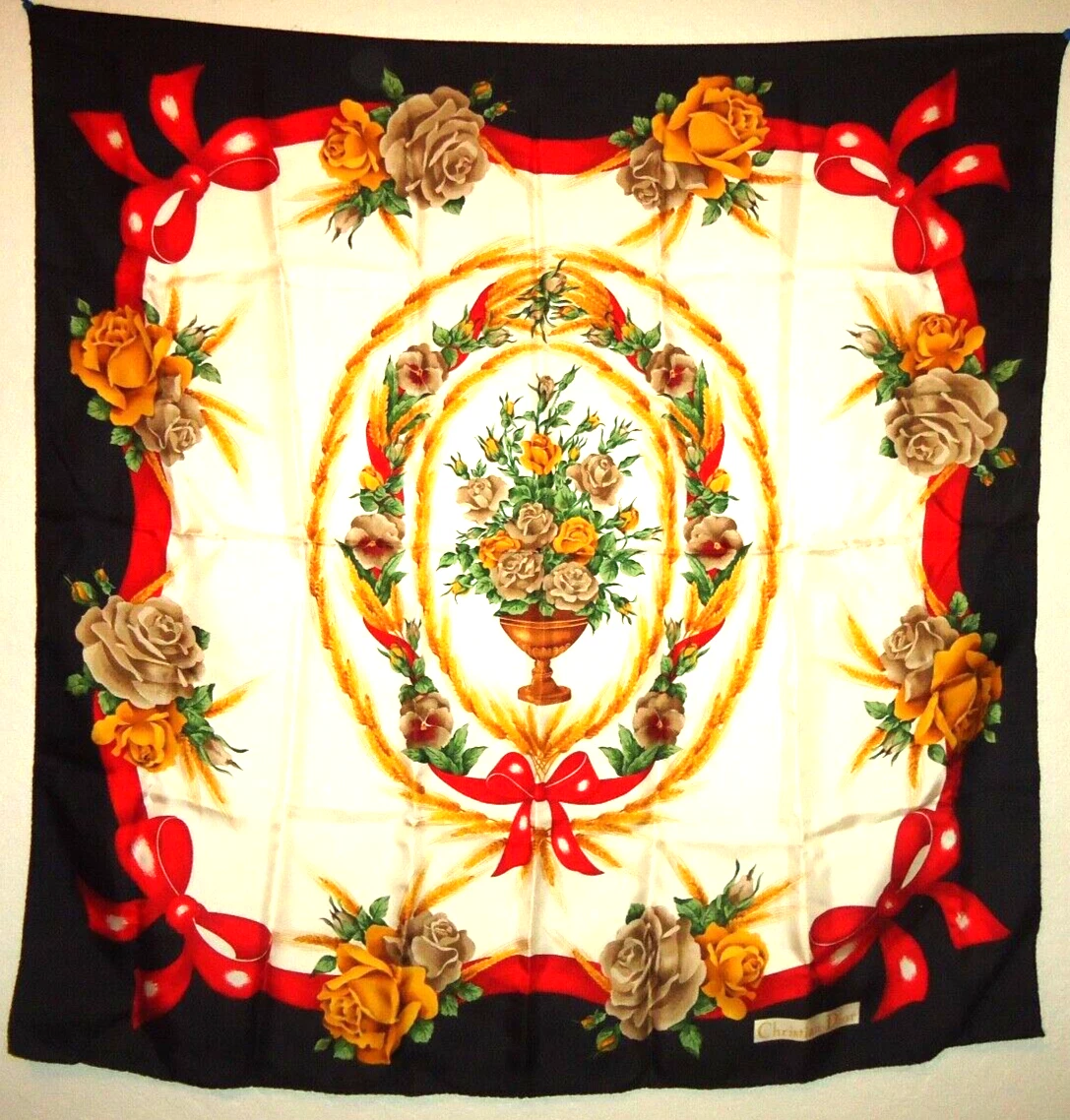 Foulard femme CHRISTIAN DIOR Italie ruban fleur soie rouge/blanc/noir 34x34 po