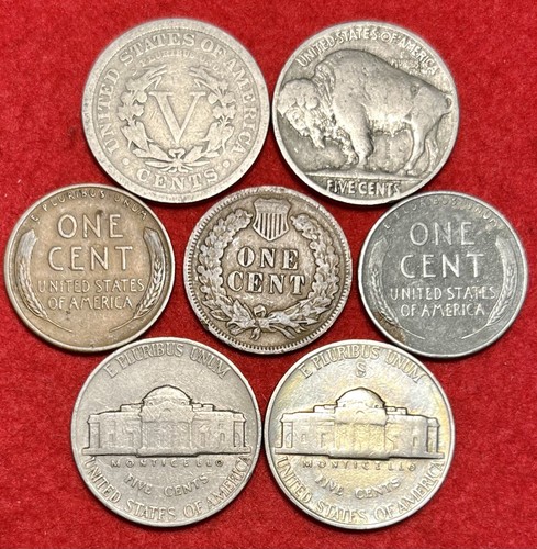 (7) US Coin Lot Liberty Head Buffalo Silver War Nickels Indian Head Wheat Cents - Picture 2 of 2