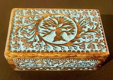 Hand Carved Tree of Life Wooden Jewelry Box Turquoise Wash Velvet Interior