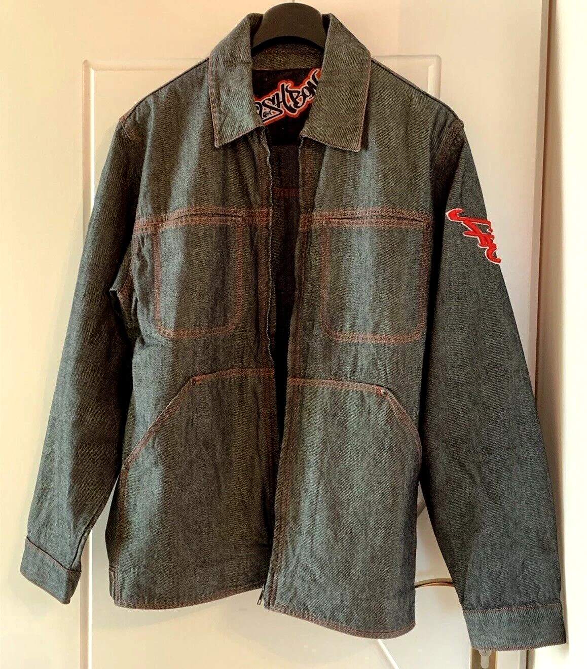 Veste vintage en jean Fishbon L oversize enduite argent indigo camionneur jeans hip hop