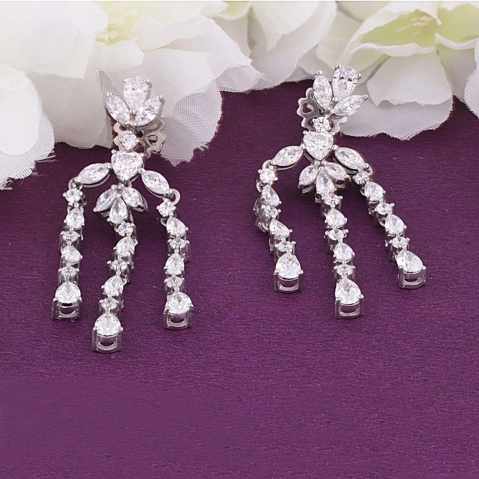 Impresionantes pendientes colgantes de boda con araña larga de circonita cúbica de pera de 23,5 quilates de plata 925 Foto 3 de 4