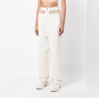Dion Lee Fishnet Pants Cream Panel Straight Leg Trousers Sz 8
