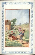 Kids Children Playing Fire Fighter Wagon & Ladder c1910 Postcard