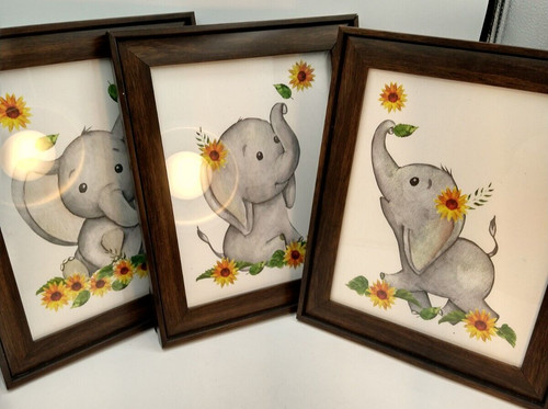 Set of 3 Elephant  FRAMED Nursery Art Prints Child Daycare Pediatrician Dentist