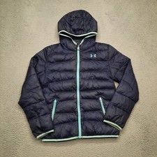 Under Armour Jacket Youth XL Navy Blue Puffer Coat Coldgear Loose Hooded Girls